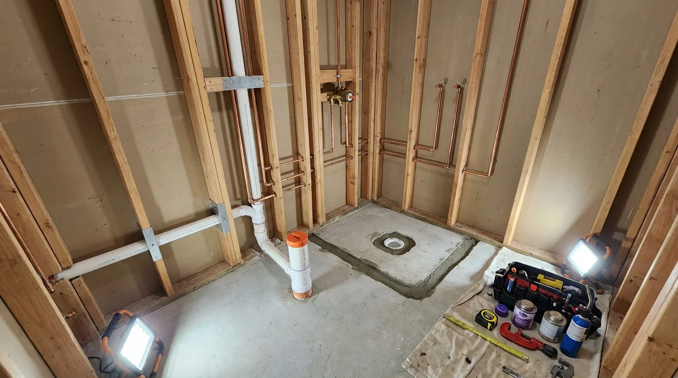 Bathroom rough-in plumbing during remodel by Johns Plumbing LLC in Acushnet