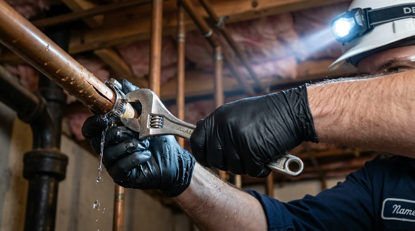 Emergency pipe clamp repair being performed by a Johns Plumbing LLC plumber in Acushnet