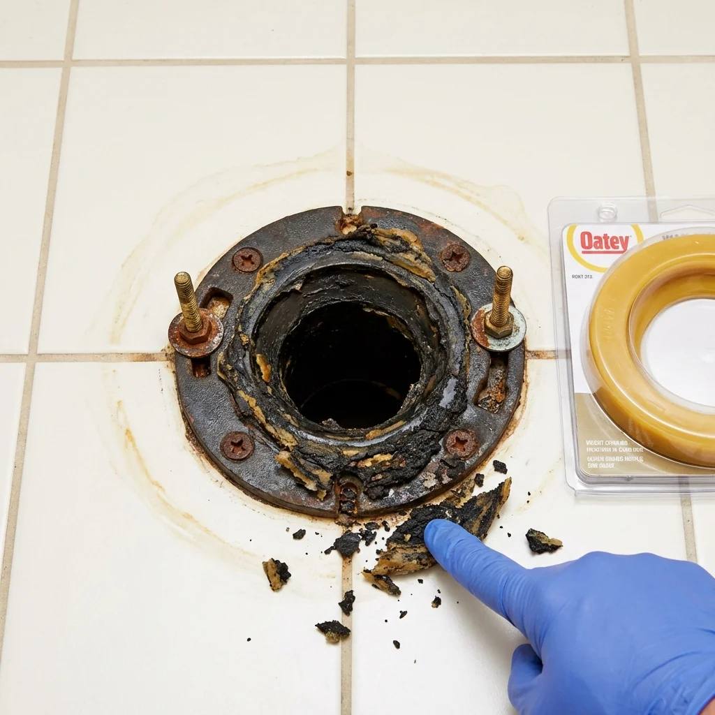 Failed wax ring showing water seepage at the base of a toilet in a Acushnet, MA home
