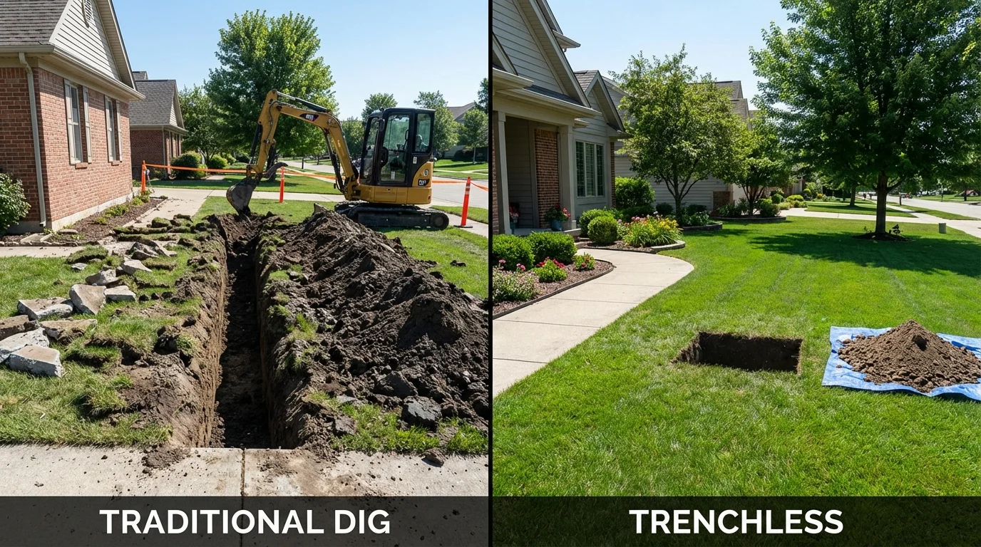 Trenchless sewer repair with minimal yard damage versus traditional excavation in Acushnet, MA