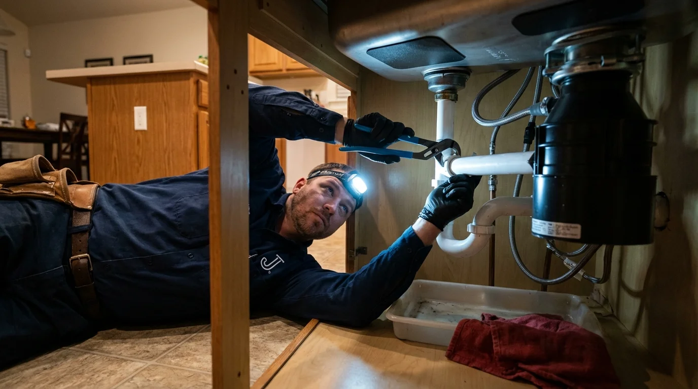 P-trap and supply line connections under a kitchen sink showing a common leak point in Acushnet, MA